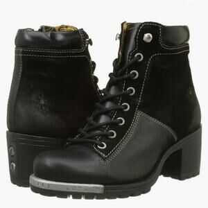 Fly London Womens Leal Block Heel Black Leather and Suede Boots